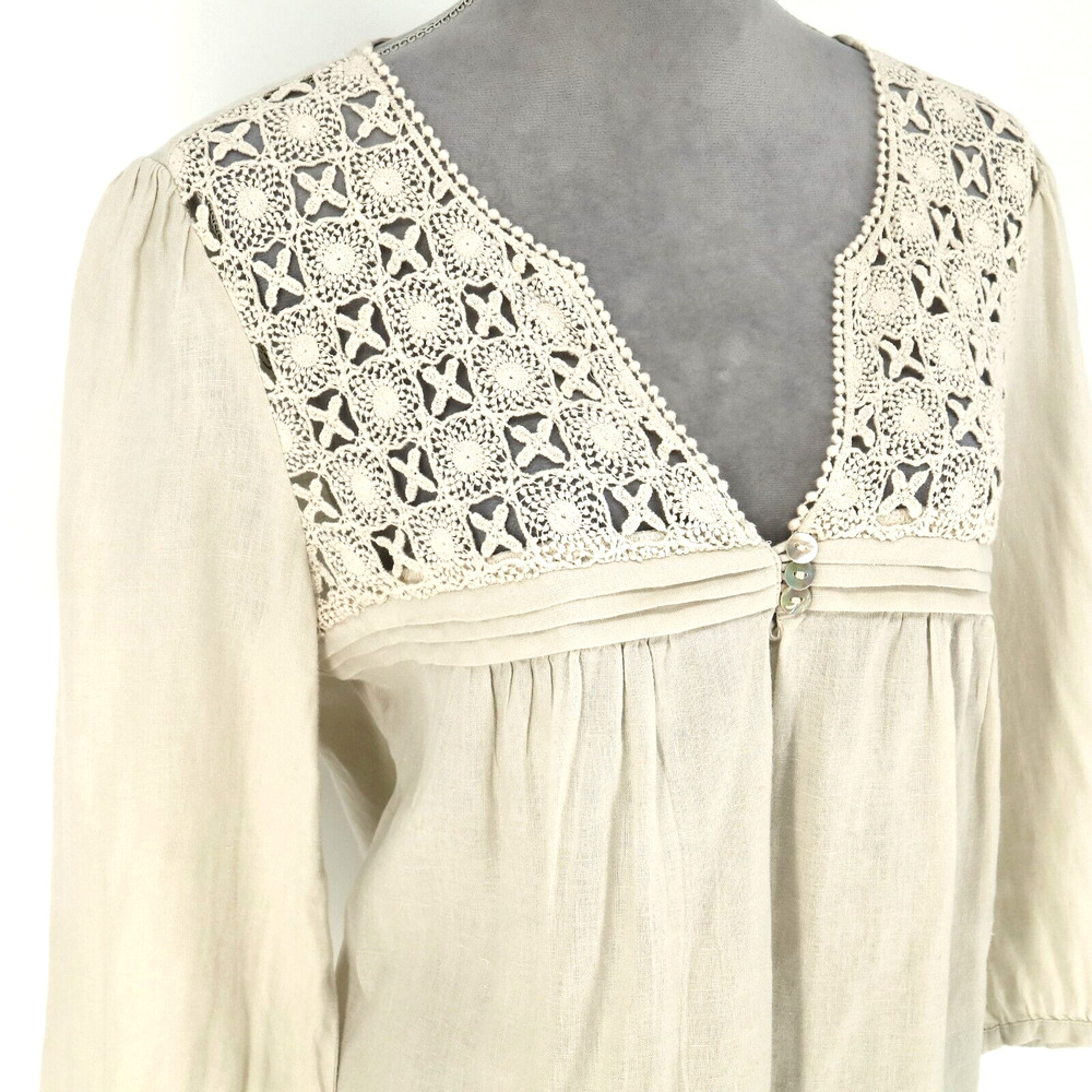 Malvin Top Womens 8 Medium Linen Beige Cotton Lace Front Blouse I Love Linen - Picture 6 of 13